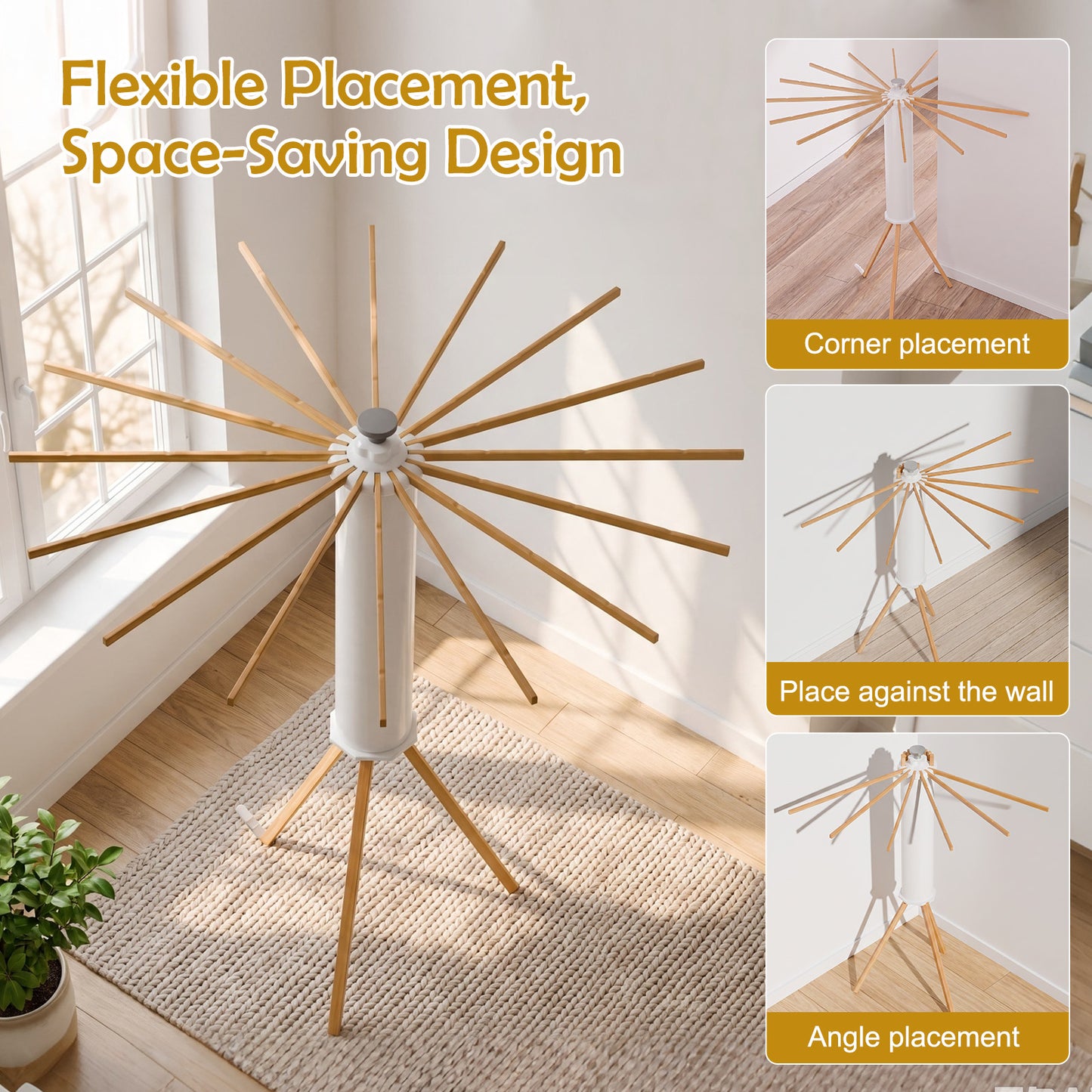 Clothes Drying Rack, Standing Tripod Laundry Drying Rack, Floor Standing Garment Clothes Dryer, Foldable Drying Racks for Laundry, White