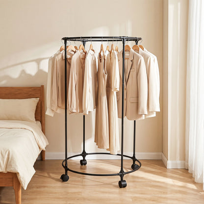 Clothes Rack, Rolling Round Garment Rack with 4 Universal Wheels and Shelf, Floor-Standing Clothes Hanging Rack for Bedroom, Black