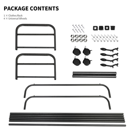 Clothes Rack With Wheels, Portable Clothing Rack With Shelves & Hooks, Heavy Duty Garment Racks for Hanging Clothes, Multi-Functional Closet Rack for Bedroom, Black