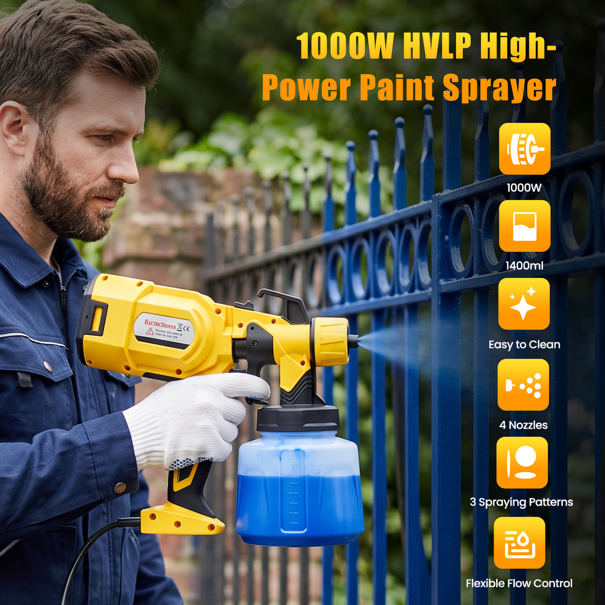 Baokaler Paint Sprayer, 1000W HVLP Electric Spray Gun with 1400ml Container, 4 Copper Nozzles & 3 Spray Patterns for Furniture, Cabinets, Walls, House Painting, Yellow