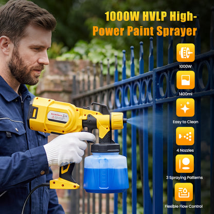 Baokaler Paint Sprayer, 1000W HVLP Electric Spray Gun with 1400ml Container, 4 Copper Nozzles & 3 Spray Patterns for Furniture, Cabinets, Walls, House Painting, Yellow