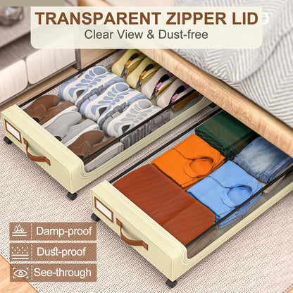 Under Bed Storage with Wheels: XXL Underbed Storage Containers with Lids - Rolling Bins for Shoes Clothes in Dorm Bedroom - Metal Drawers Easy Pull-out Beige 4-Pack