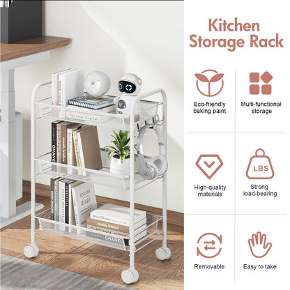 CATGOOD 3 Tier Rolling Cart on Wheels, Multifunctional Mesh Utility Cart with 4 Side Hooks for Home Bathroom Kitchen Office Living Room, White