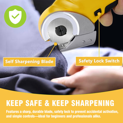 Cordless Electric Scissors, Cardboard Cutter, Rechargeable Powerful 4V Scissor Cutting Tool for Cardboard, Fabric, Leather, Yellow