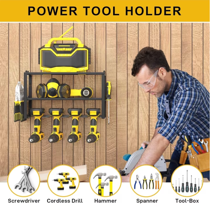 CATGOOD Power Tool Organizer, 3 Layers Storage Rack with 4 Drill Holders, Heavy Duty Metal Floating Tool Shelf Garage Wall Mounted, 180Lbs Load Capacity