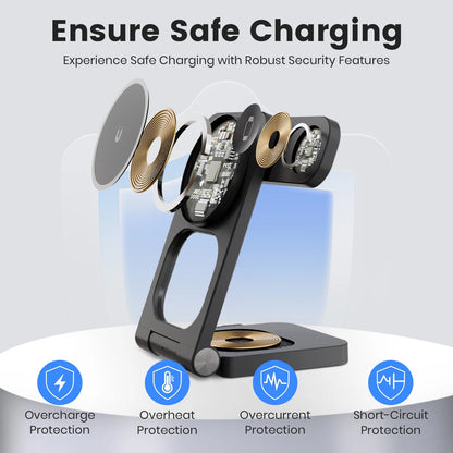 Magnetic Charging Station,3 in 1 Foldable Wireless Charger Compatible for iPhone 17/16/15/14/13/12 Plus Pro Max,Portable Charger Dock for iWatch & AirPods,Black