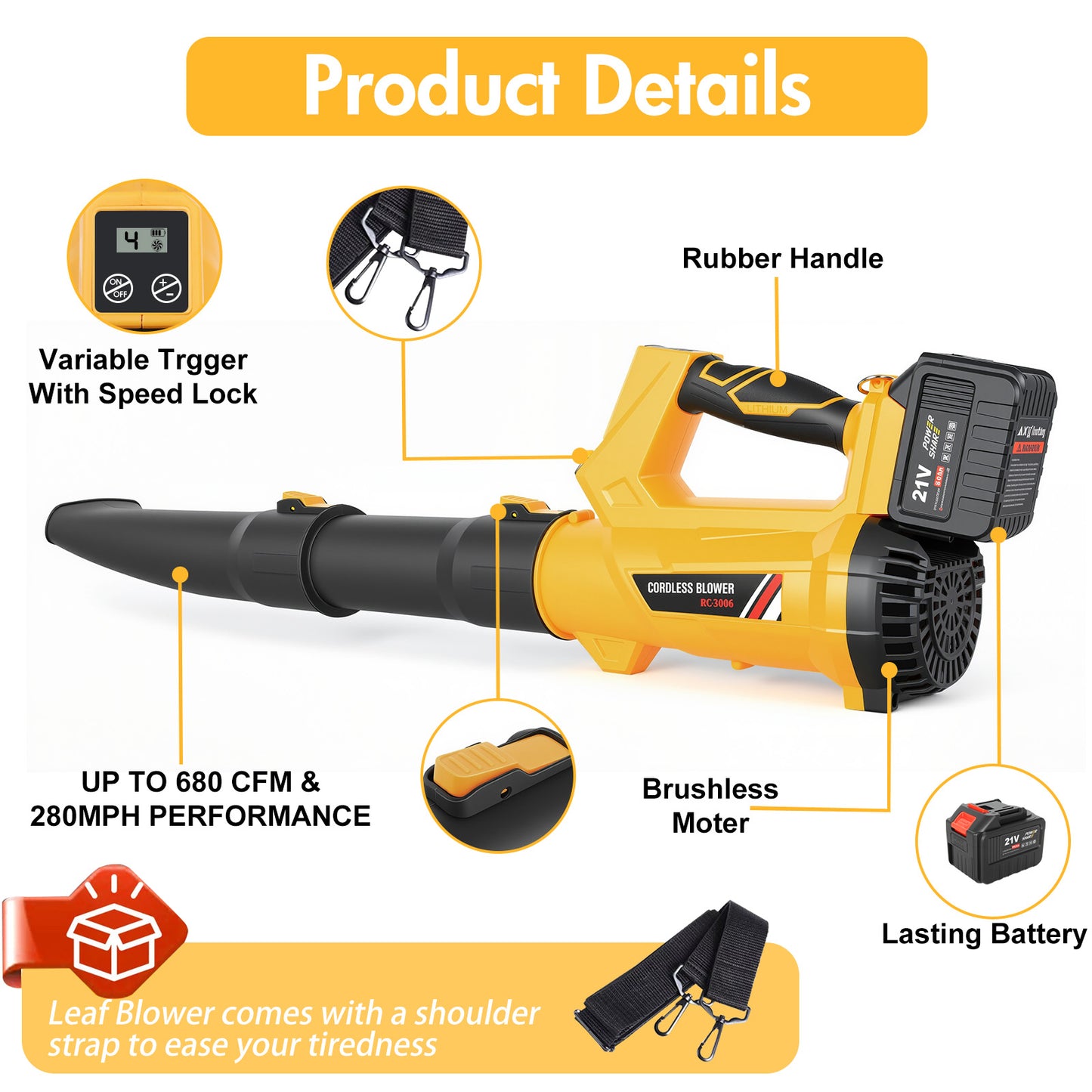 Leaf Blower with Battery & Charger, 21V Cordless Leaf Blower with 2x6.0 Ah Battery, Electric Leaf Blower with 6 Speed Mode, 280MPH Battery Operated Leaf Blower for Patio Garden Lawn Cleaning