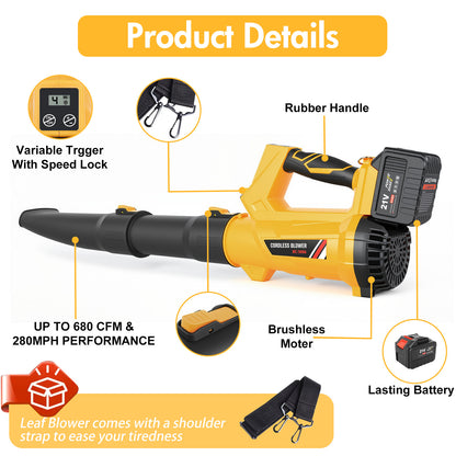 Leaf Blower with Battery & Charger, 21V Cordless Leaf Blower with 2x6.0 Ah Battery, Electric Leaf Blower with 6 Speed Mode, 280MPH Battery Operated Leaf Blower for Patio Garden Lawn Cleaning