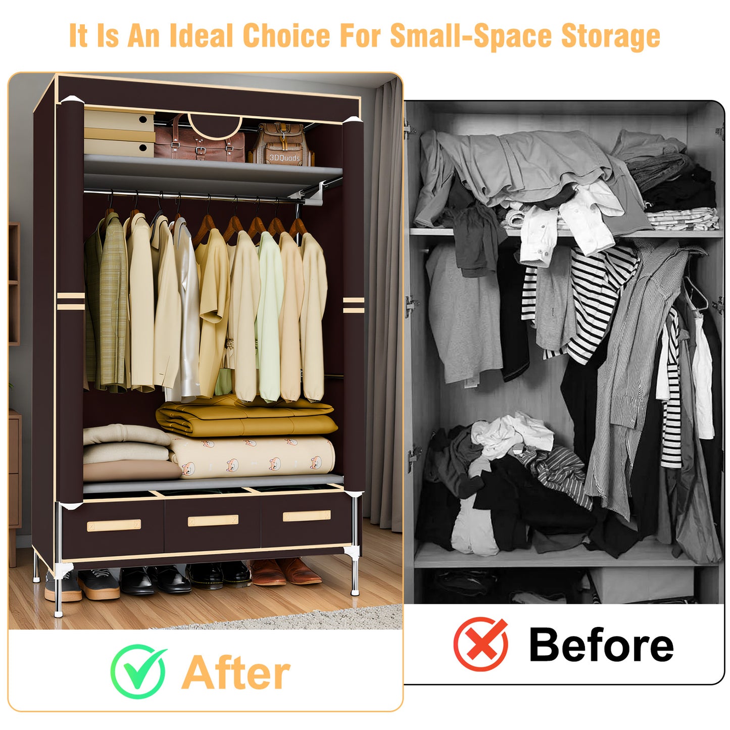 Wardrobe Closet with 3 Storage Drawers for Rentals, Dorms, Bedrooms, 67 Inches Tall hanging Closet Organizers and Storage with Hanging Space for Coats and Bags, Dark Coffee