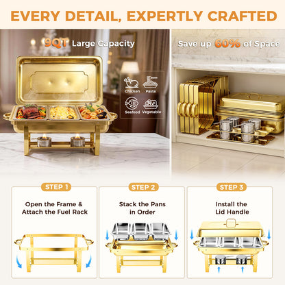 Gold Chafing Dishes 6 Pack, 9QT Rectangular Chafing Dish Buffet Set, Chafing Dishes for Buffet with Foldable Frame, Chafers and Buffet Warmers Sets for Catering Events, Parties, Weddings