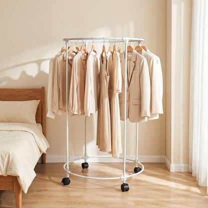 Clothes Rack, Rolling Round Garment Rack with 4 Universal Wheels and Shelf, Floor-Standing Clothes Hanging Rack for Bedroom, White