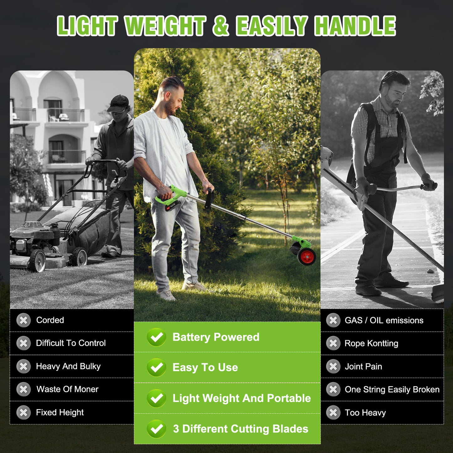 24V 650W Electric Grass Trimmer With Battery, Cordless Weed Eater with Wheels, Electric Weed Wacker, Lawn Mower Cordless Pruning Cutter Weed Wacker Garden Trimming Tool