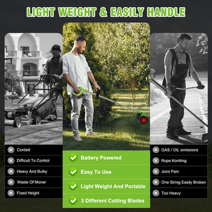 24V 650W Electric Grass Trimmer With Battery, Cordless Weed Eater with Wheels, Electric Weed Wacker, Lawn Mower Cordless Pruning Cutter Weed Wacker Garden Trimming Tool