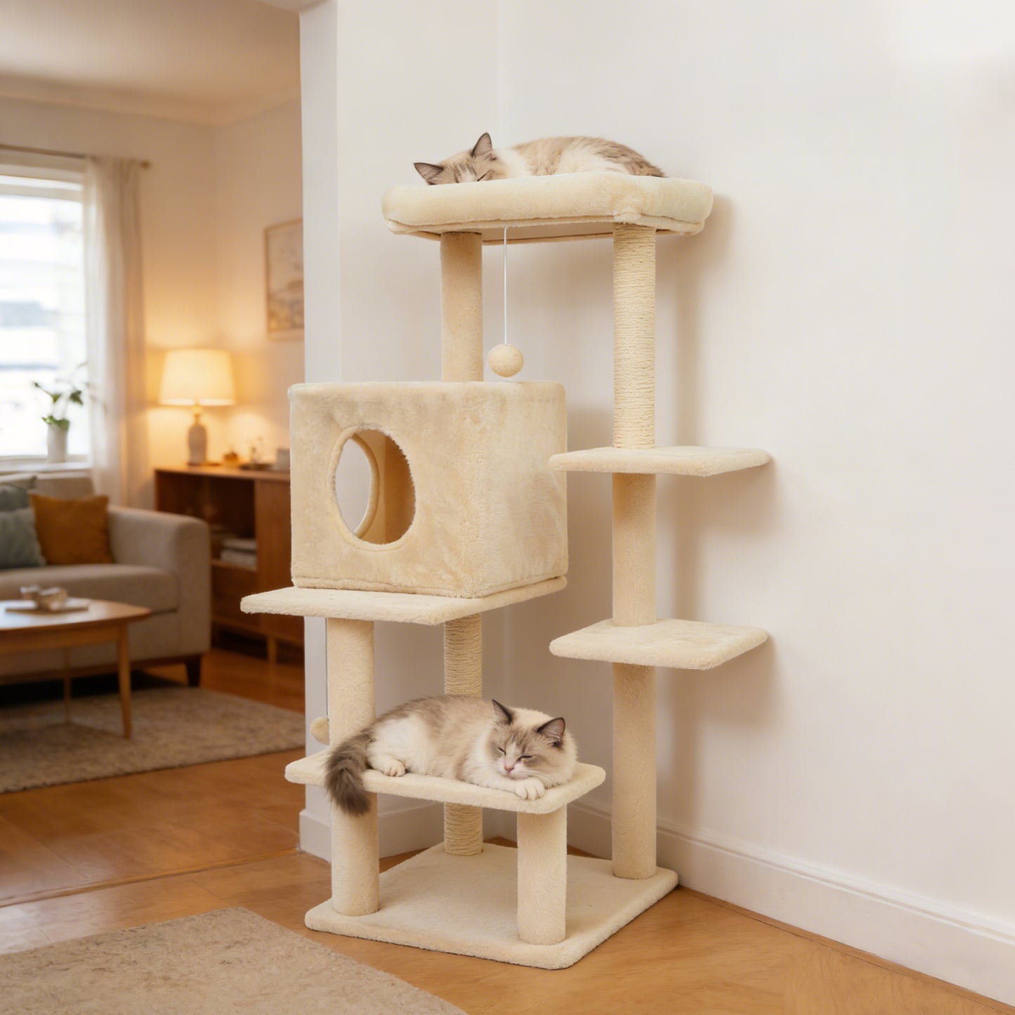 Sturdy 40-inch Cat Tree Tower with Cat Cave & Ramp Steps - Multi-Level Play & Sleep Center for Large Indoor Cats, Beige