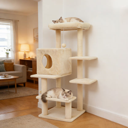 Sturdy 40-inch Cat Tree Tower with Cat Cave & Ramp Steps - Multi-Level Play & Sleep Center for Large Indoor Cats, Beige