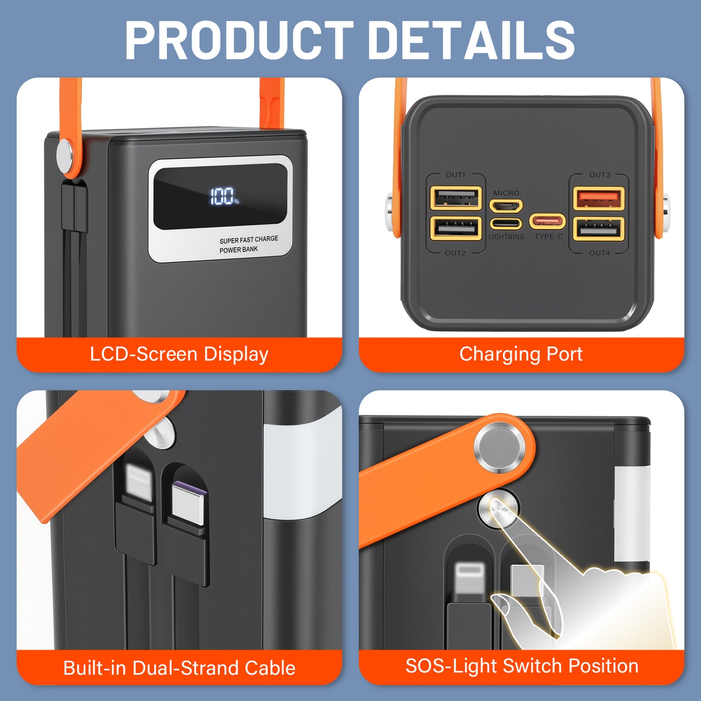 50000mAh Solar Power Bank, 22.5W Fast Charging Power Bank with Built-in Cables, Solar Phone Charger & Solar Battery Charger, 7-Output 3-Input LCD Display, SOS Flashlight for Travel Hiking (Black)