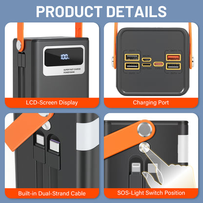50000mAh Solar Power Bank, 22.5W Fast Charging Power Bank with Built-in Cables, Solar Phone Charger & Solar Battery Charger, 7-Output 3-Input LCD Display, SOS Flashlight for Travel Hiking (Black)