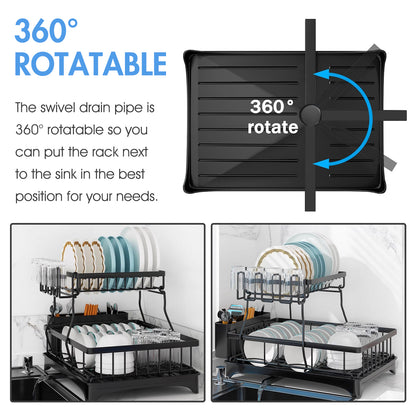 Dish Drying Rack for Kitchen Counter, Detachable Large Capacity Dish Drainer Organizer with Utensil Holder, 2-Tier Dish Drying Rack with Drain Board, Black