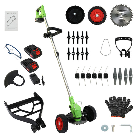 BAOKALER Electric Weed Eater, Cordless Grass String Trimmer with Wheels, Weed Trimmer, 2 Battery+Charger, Green