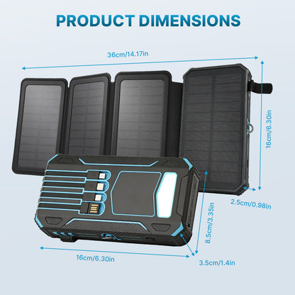 Solar Power Bank 46800mAh, PD15W Fast Charging Solar Charger with 4 Built-in Cables & Wireless Charging, Portable Solar Charger for Cell Phone, Solar Battery Pack for Camping (Blue)
