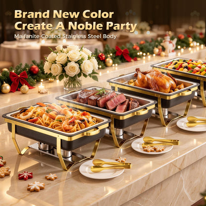 CATGOOD 9QT Chafing Dish Buffet Set 6 Pack, Black Gold Chafing Dishes, Stainless Steel Buffet Chafing Set with Space-Saving Design, Buffet Warmers for Parties, Catering Events
