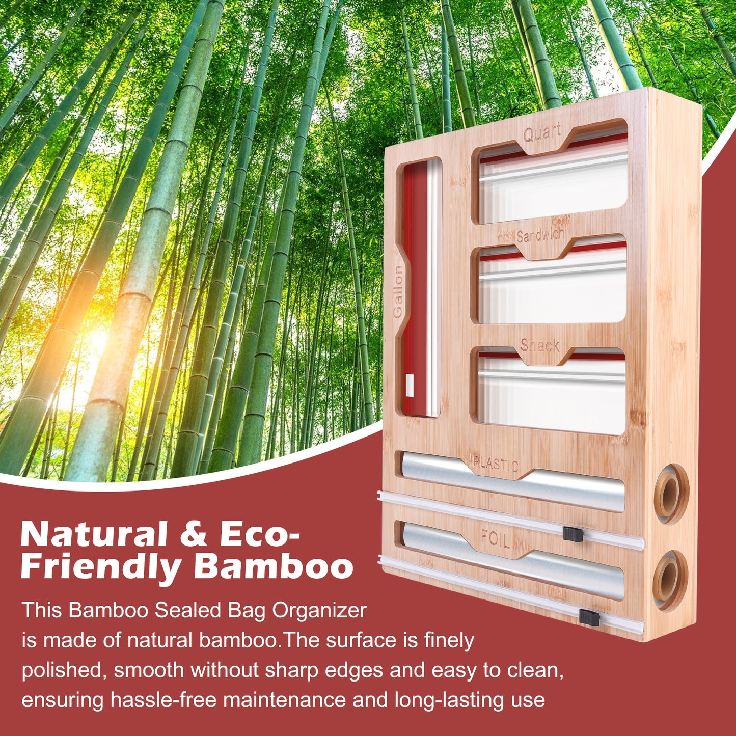 Bamboo Sealed Bag Ziplock Bag Storage Organizer for Kitchen Drawer,6 In 1 Wrap Dispenser Organizer With Cutter for Kitchen Drawer,Plastic Bag Storage for Gallon, Quart, Sandwich, Snack