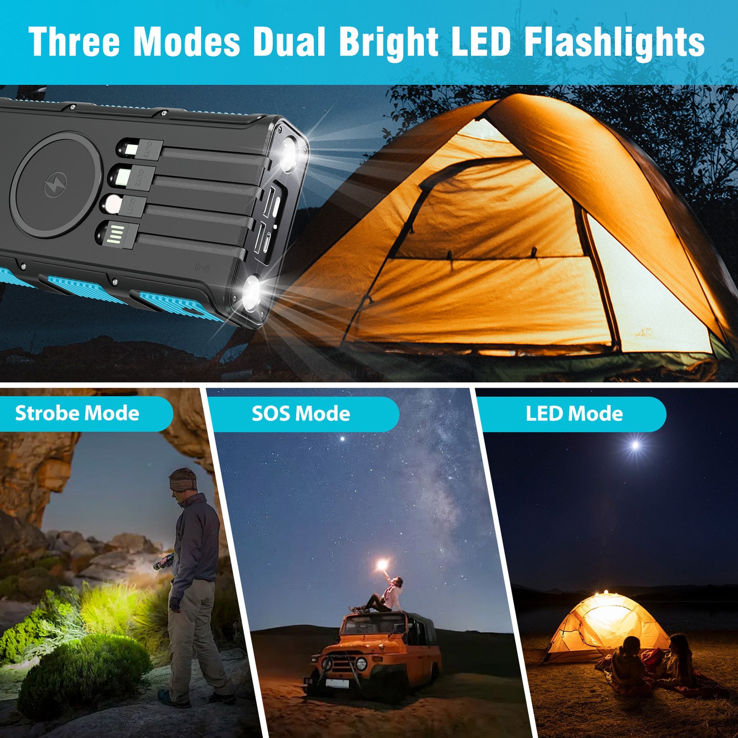 Power Bank Wireless Charger 68800mAh Built in Hand Crank and 4 Cables 15W Fast Charging Power Bank 7 Outputs & 4 Inputs Solar Portable Charger, Sos/Strobe/Strong Flashlights, Compass(Blue)