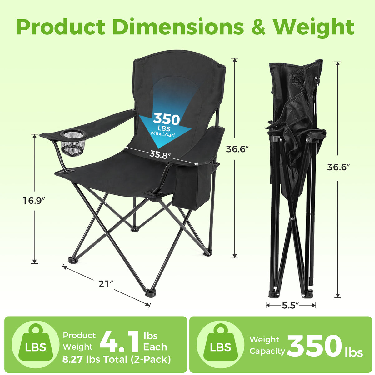 BAOKALER 2 Pack Camping Chair, Foldable Outdoor Lawn Chair with Cup Holder, Cooler Bag & Side Pocket for Backyard, Camping & Beach, Heavy-Duty Steel Frame, Supports 350lbs, Black