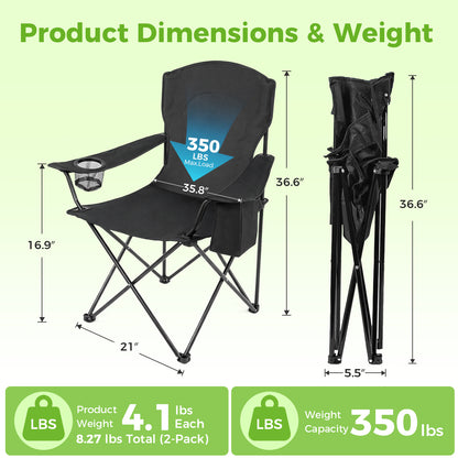 BAOKALER 2 Pack Camping Chair, Foldable Outdoor Lawn Chair with Cup Holder, Cooler Bag & Side Pocket for Backyard, Camping & Beach, Heavy-Duty Steel Frame, Supports 350lbs, Black