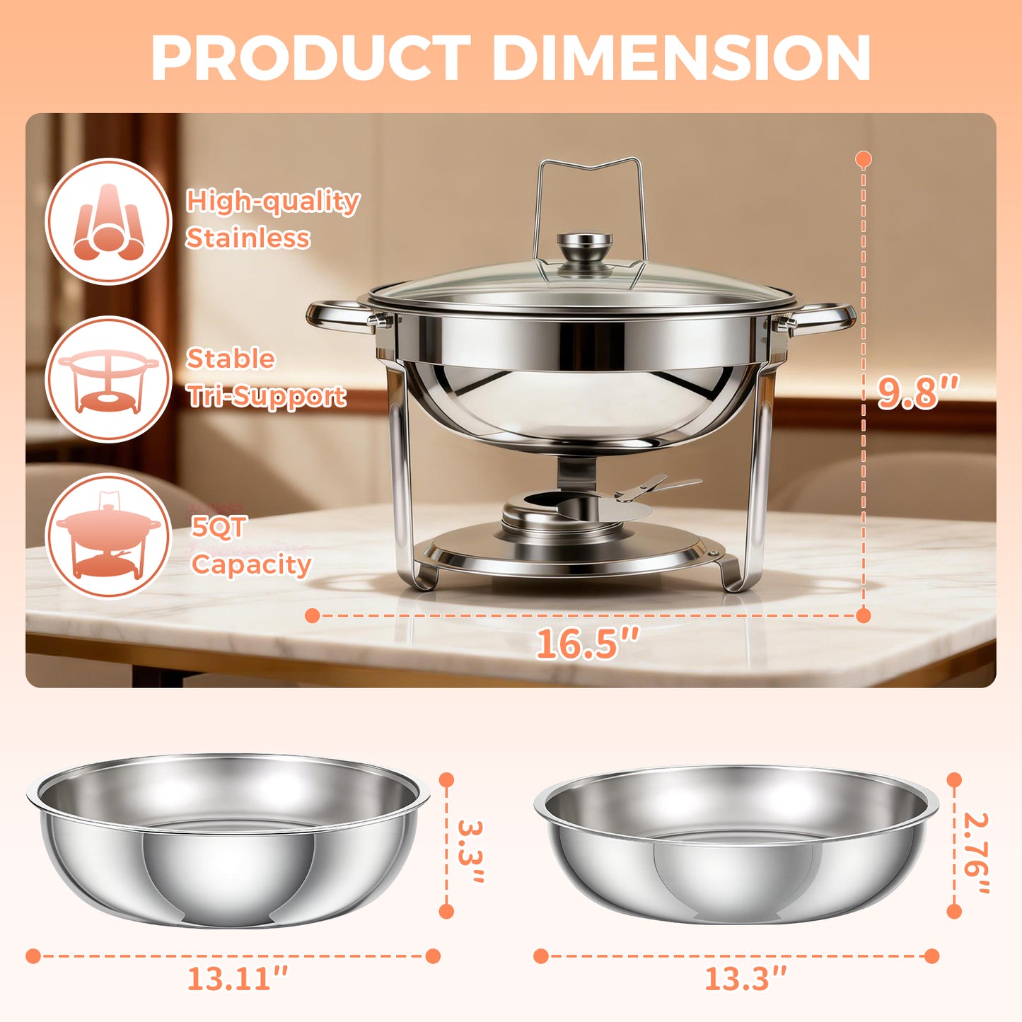 Chafing Dish Buffet Set, 5 Qt 4 Pack, Stainless Steel Chafer with 4 Full Size Pan, Round Catering Warmer Server with Glass Lid Water Pan Folding Stand Fuel Holder, for Wedding Party Banquet