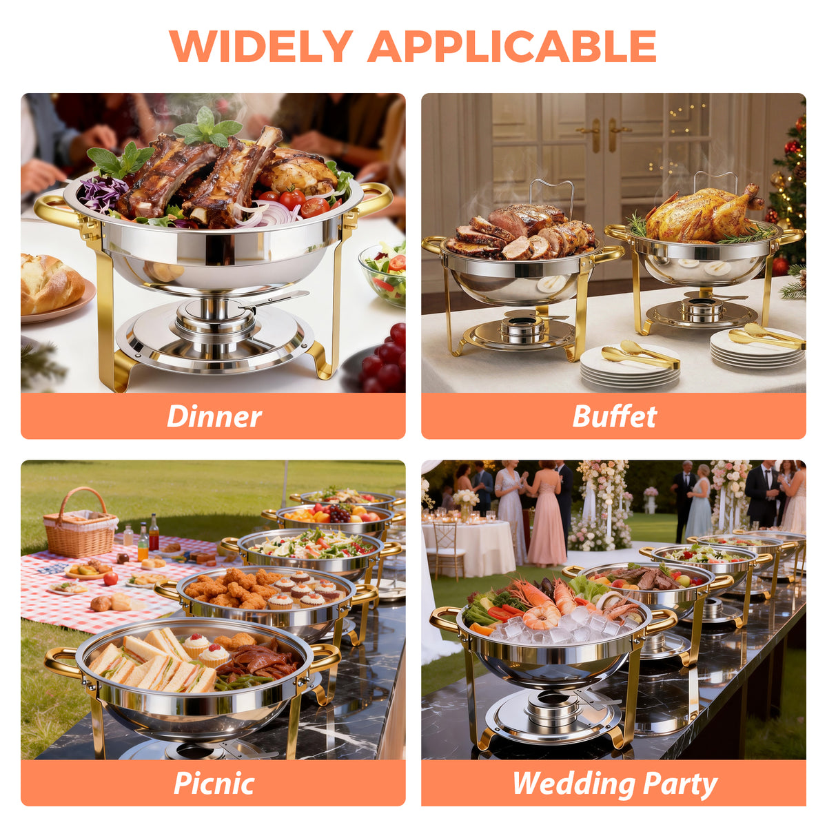 Chafing Dish Buffet Set with 4 Food Tongs, 6 QT Stainless Steel Chafing Dishes Round Buffet Food Warmer Chafers Set for Parties Catering Event, Lid Holder 4PCS