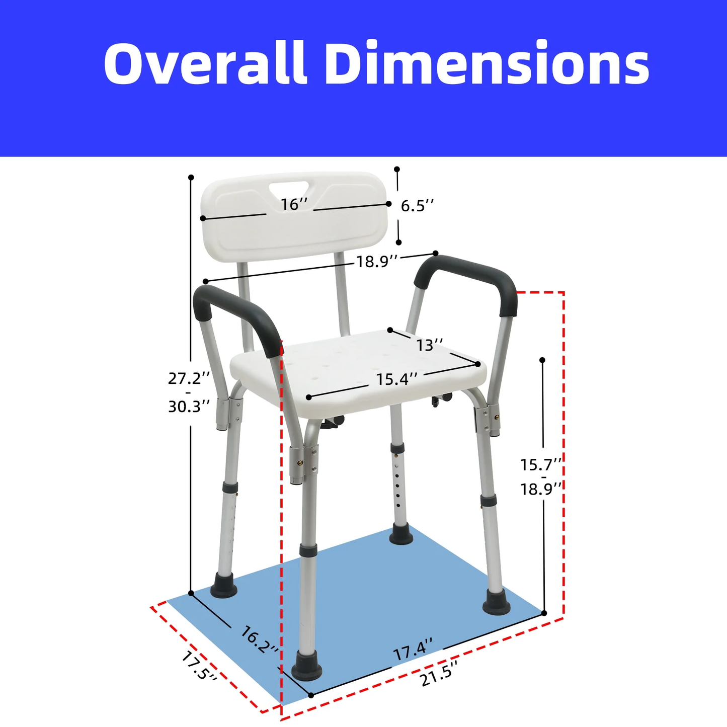 CATGOOD Shower Chair for Inside Shower, Bath Chair with Arms and Reinforced Crossing Bar for Elderly, Adults, Disabled, 550LBs Heavy Duty Bath Chair, Adjustable Shower Bench ,White and Blue