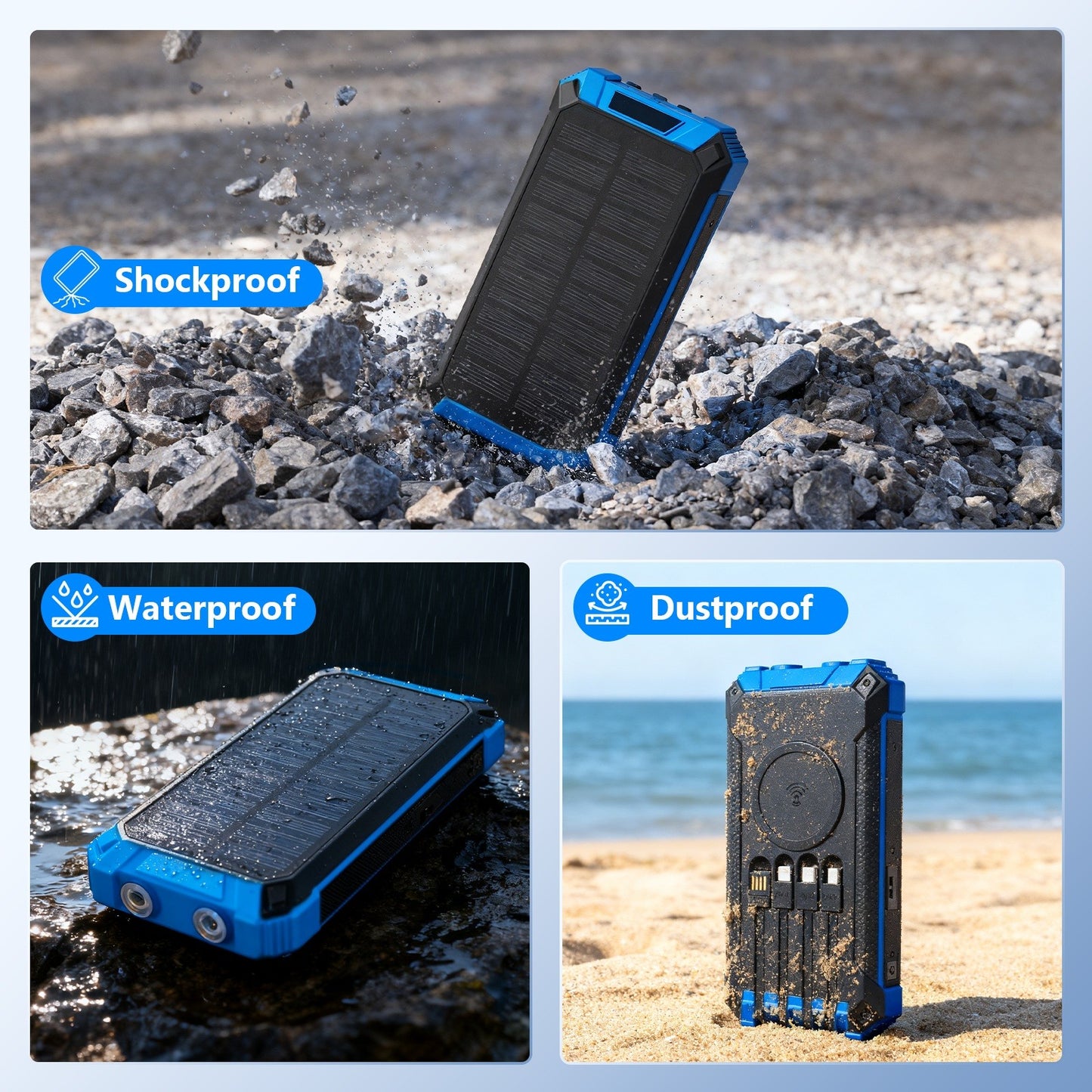 2PK Power Bank Wireless Charger 46800mAh Built in 4 Cables Six Outputs 15W Fast Charging Power Bank for All Mobile Devices Three Inputs Solar Portable Charger with Dual Flashlights, Carabiner(Blue)