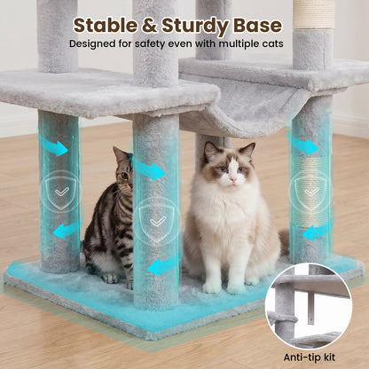 80" Cat Tree, Big Cat Tower for Multiple Adult Cats, Multi-Level Tall Cat Tree with 3 Platforms, 2 Condos, 2 Hanging Basket, Hammock and Scratching Frame for Indoor Kitties, Light Gray