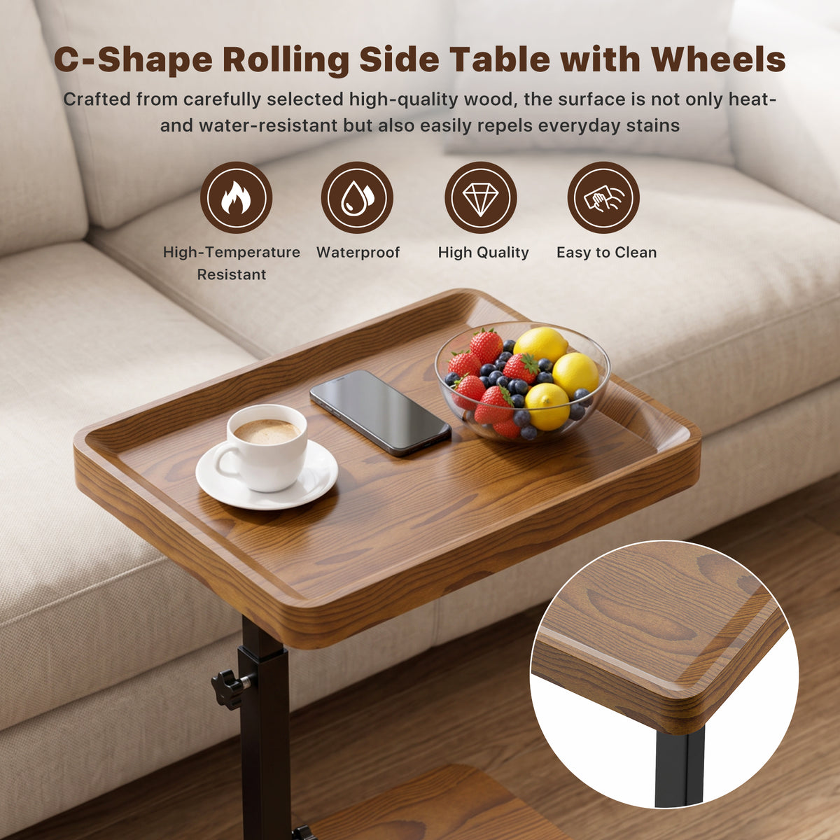 C Table End Table with Adjustable Height, 360¡ãSwivel TV Tray Table for Small Spaces, Portable C-Shaped Side Table for Couch & Bed