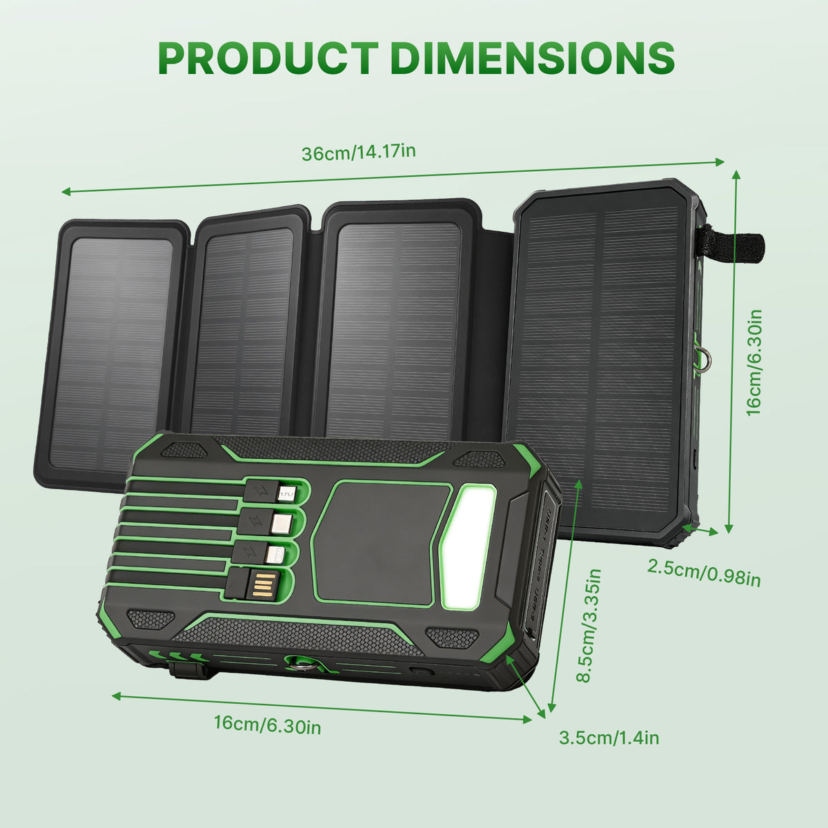 Solar Power Bank 46800mAh, PD15W Fast Charging Solar Charger with 4 Built-in Cables & Wireless Charging, Portable Solar Charger for Cell Phone, Solar Battery Pack for Camping (Green)