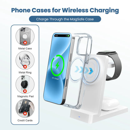 Magnetic Wireless Charger,3 in 1 Portable Charger Charging Station Compatible for iPhone 17 16e 16 15 14 13 12 11 X Pro Max & iWatch-Wireless Charging Dock for AirPods 4 3 Pro,White