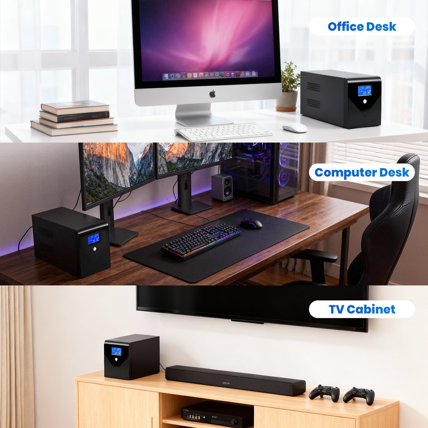 CATGOOD Backup UPS Power Supply 1000VA 600W Battery Backup Power with 3 Outlets and LCD Display, Suitable for Home and Office