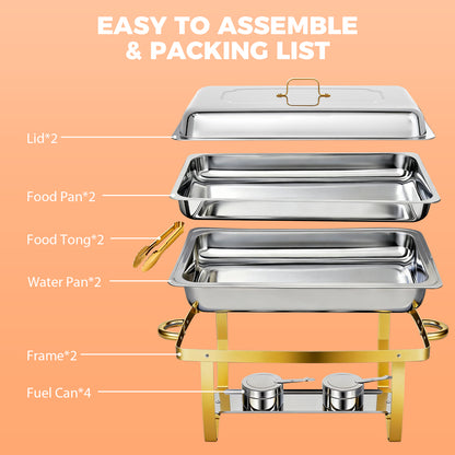2 Pack Chafing Dish Buffet Set, 9QT Rectangular Semi-Gold-Plated Stainless Steel Chafing Dish Set, Buffet Warmer for Hotel Catering, Parties, Weddings, Gold