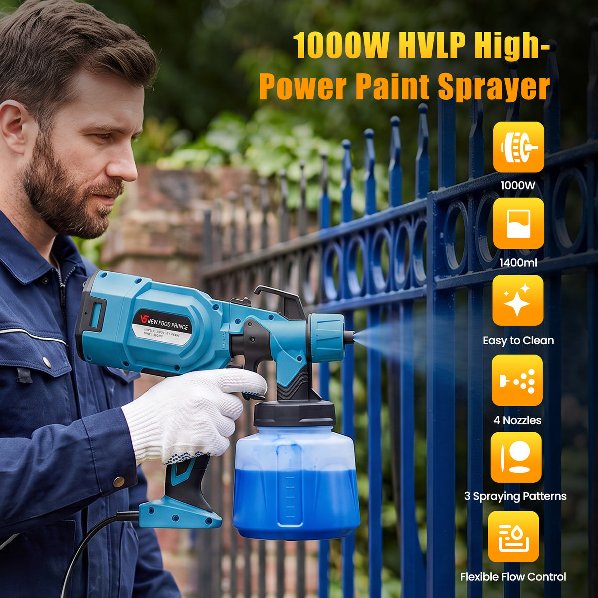 Baokaler Paint Sprayer, 1000W HVLP Electric Spray Gun with 1400ml Container, 4 Copper Nozzles & 3 Spray Patterns for Furniture, Cabinets, Walls, House Painting, Blue