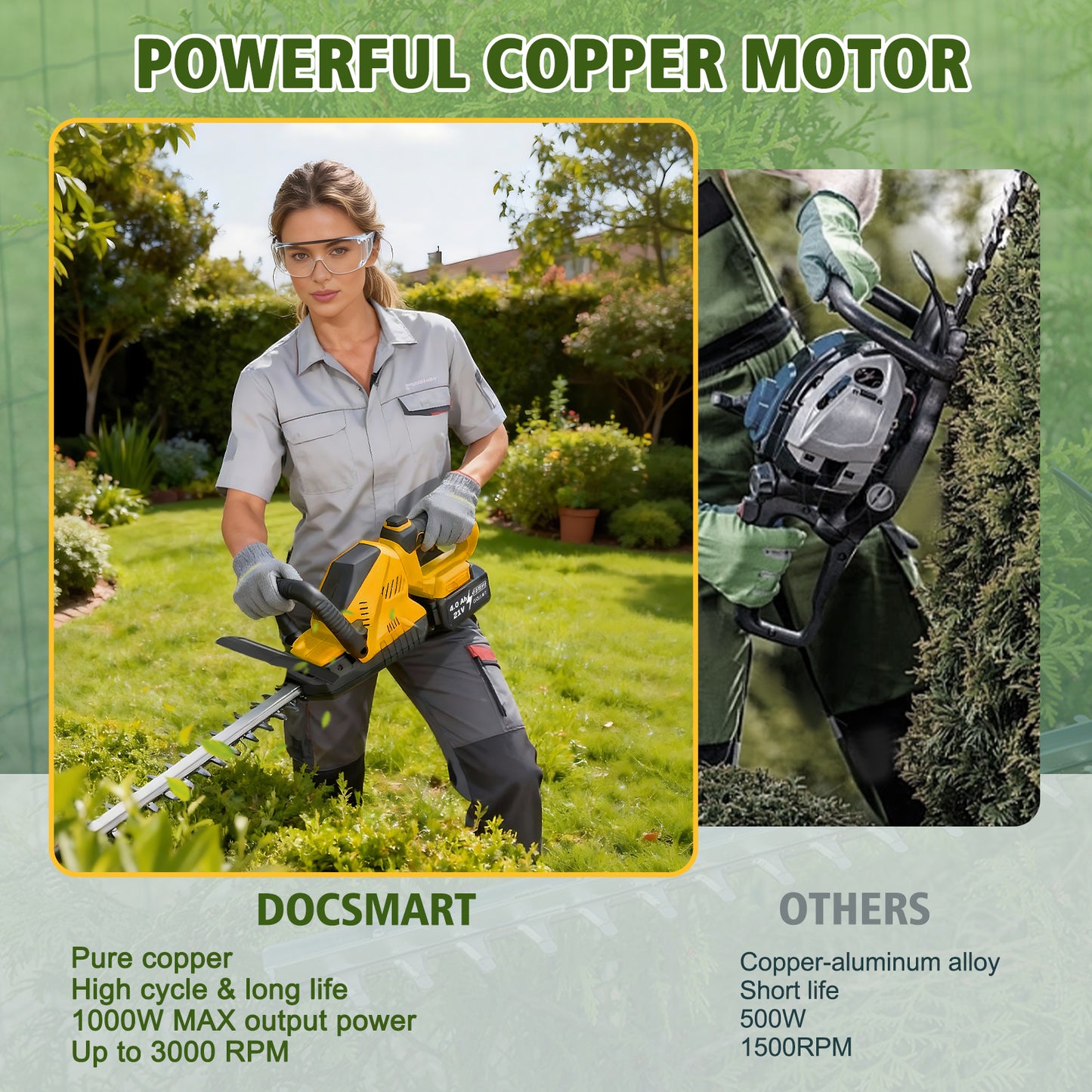 Baokaler 22" Cordless Hedge Trimmer, 21V Dual Action Blade Electric Bush Shrub Trimmer, 4.0Ah Battery & Charger, Yellow