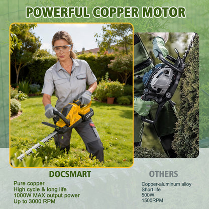 Baokaler 22" Cordless Hedge Trimmer, 21V Dual Action Blade Electric Bush Shrub Trimmer, 4.0Ah Battery & Charger, Yellow