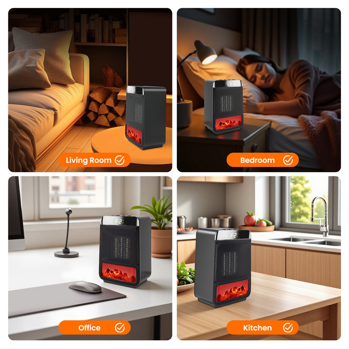 Indoor 1500W 3D Dynamic Flame Tabletop Heater with Safety Protection & Timer, Low-Noise Ceramic Heater Fan for Bedroom, Office, and Indoor Use