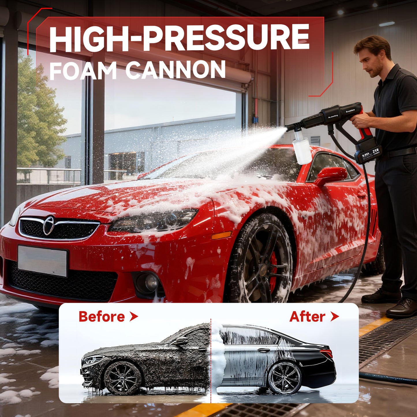 Cordless Pressure Washer, 1060PSI Portable Power Washer with LED Display, 2.8GPM Power Cleaner with 6-in-1 Adjustable Nozzle, 16.4ft Hose for Cars/Patios, Black