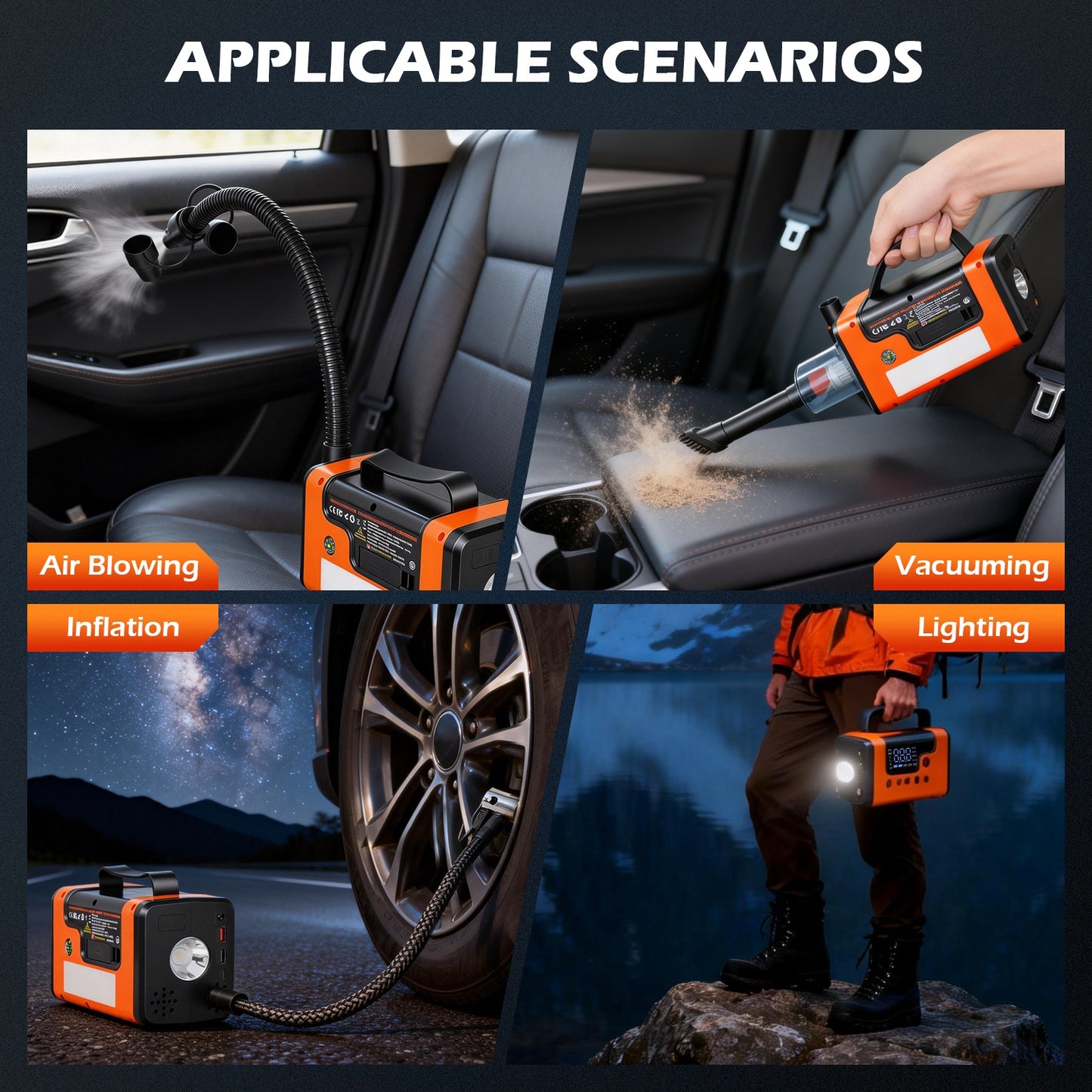 Portable Car Jump Starter with Air Compressor, 8-in-1 Car Battery Chargers with Cordless Handheld Vacuum (8.0L Gas & 6.0L Diesel) Jumper Box with 150PSI Tire Inflator, 12V Battery Booster with Air Pump, Holiday Gifts