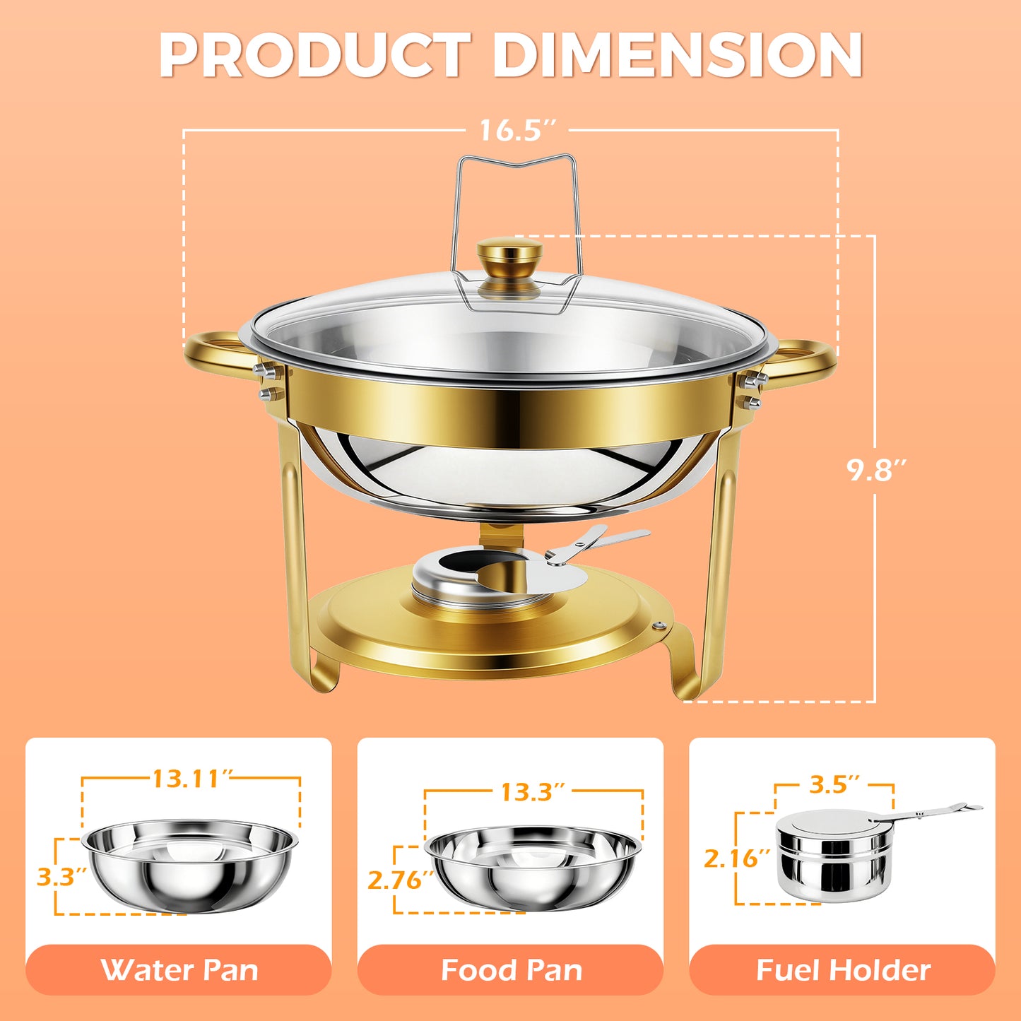 CATGOOD 6 Pack Chafing Dish Buffet Set, 6QT Stainless Steel Food Warmers with Glass Lids & Gold Stands, Buffet Servers & Chafer Set for Parties, Weddings, Catering, Home Banquet