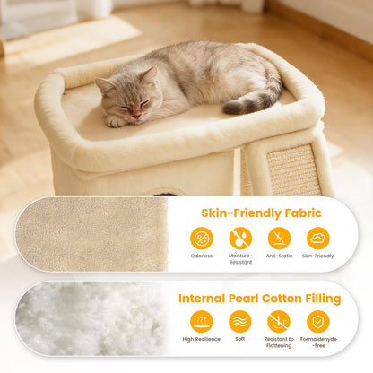 Cat Tree Tower with Perch Bed and Washable Top, Cat Tree with Sisal Scratching Posts, Condos, Plush Perches, Hanging Cat Toys, Extended Platform for Cats to Play and Sleep, Beige