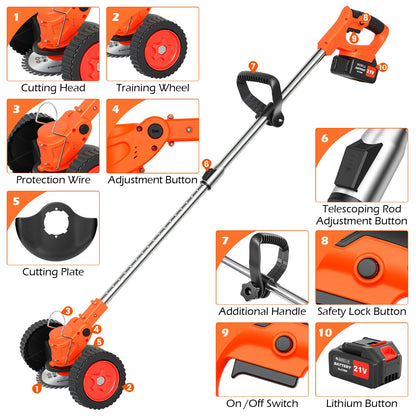 Weed Eaters, Cordless Weed Trimmer with Wheels, 2Pcs 4000mAh Batteries, Adjustable Length, 650W Grass Trimmer/Edger/Brush Cutter for Lawn Yard Garden Maintaining (Orange)