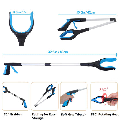 2Pcs 32'' Grabber Reacher Tool, Foldable Grabber Reaching Tool, Lightweight Trash Picker Upper Tool for Elderly with Anti-Slip Rotating Rubber Gripper,Purple