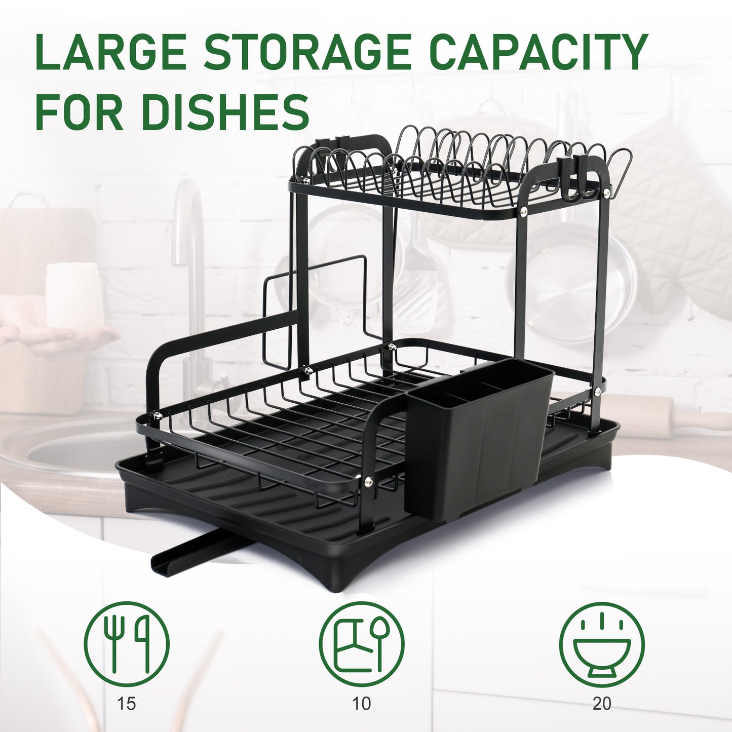 2-Tier Dish Rack for Kitchen, Dish Drying Rack with Drain Board Tray, Compact Dishing Rack with Utensil Holder, Cutting Board Holder, Kitchen Dishes Storage and Organizers